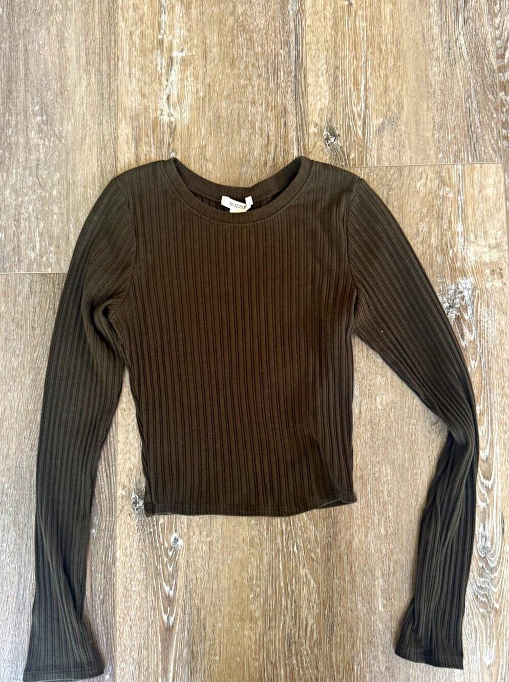 Bozzolo Women’s S Brown Ribbed Knit Stretch Long Sleeve Round Neck Top